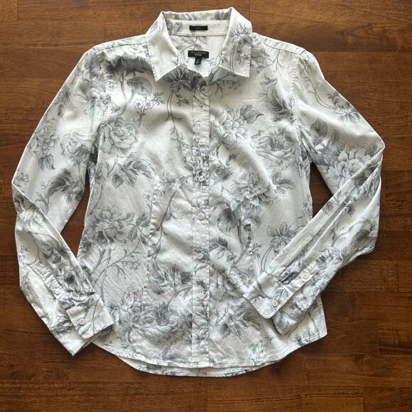 Talbots Tops - Talbots Size 8 Women’s Classic Tailored Button-Up, White with Gray Floral.”